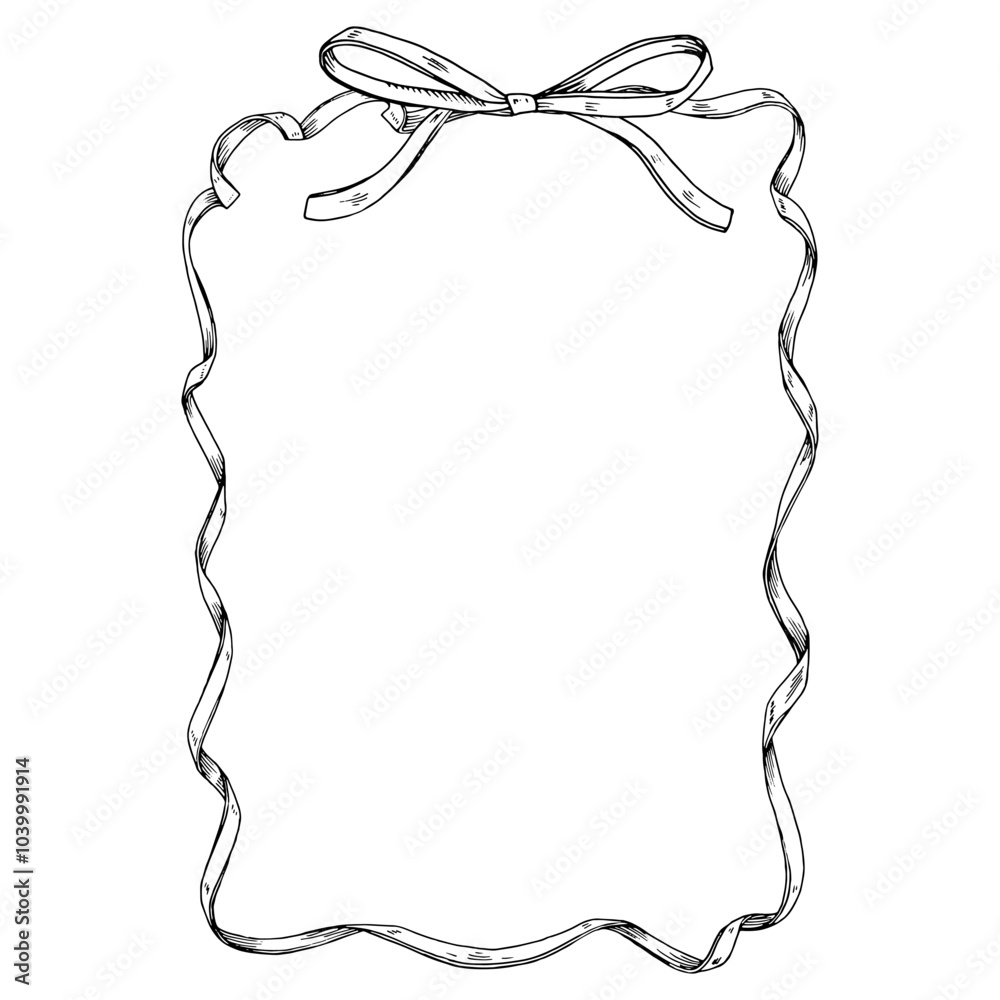This black and white vector illustration features a thin ribbon and bow border, creating a blank, elegant frame. Perfect for wedding invitations, present labels, offering ample space for text This black and white vector illustration features a thin ribbon and bow border, creating a blank, elegant frame. Perfect for wedding invitations, present labels, offering ample space for text