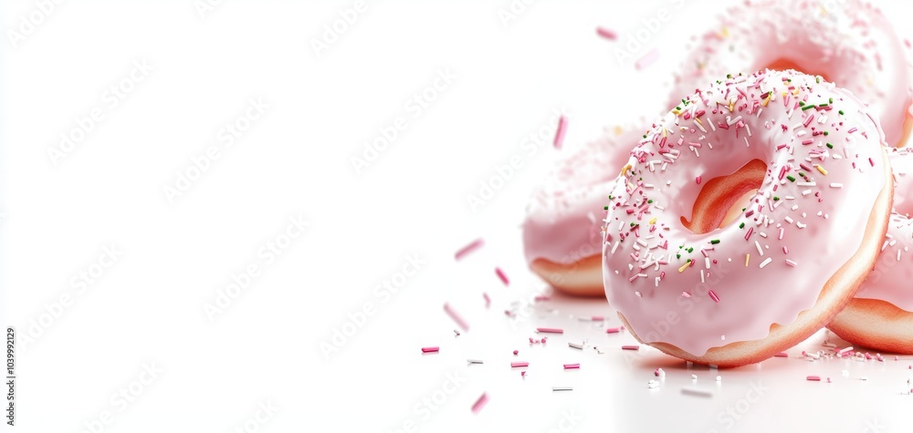A cascade of pink-frosted donuts with sprinkles floating against a white space, perfect for bakery or sweet treat-themed designs and advertisements A cascade of pink-frosted donuts with sprinkles floating against a white space, perfect for bakery or sweet treat-themed designs and advertisements