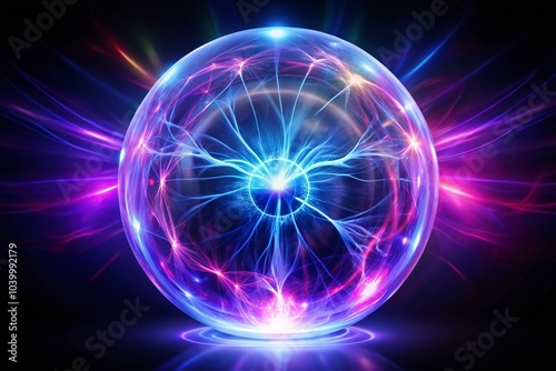 Futuristic Energy Sphere: Glowing Purple Blue Magic Ball of Electricity in a High-Tech Background