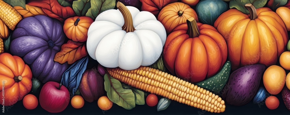 A colorful Thanksgiving tie featuring a mix of fall vegetables like squash, corn, and pumpkins, perfect for autumn-themed dinners and parties A colorful Thanksgiving tie featuring a mix of fall vegetables like squash, corn, and pumpkins, perfect for autumn-themed dinners and parties
