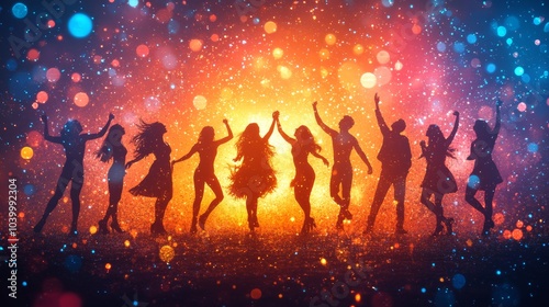 A vibrant disco party scene with colorful lights and dancing silhouettes. Excellent for nightlife, music events, or celebrations.