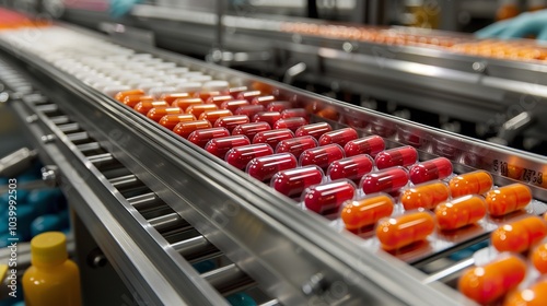 A close-up of vibrant pill capsules in blister packets being processed in the hazy pharmaceutical sector on a conveyor belt, Generative AI.