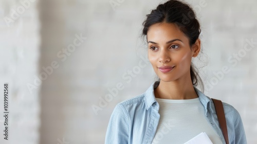 A smiling woman stands in a bright, minimalist space, holding notes, exuding confidence and approachability. photo