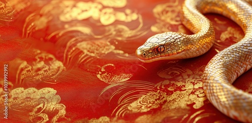 Happy Chinese New Year 2025, gold snake in the background, copy space