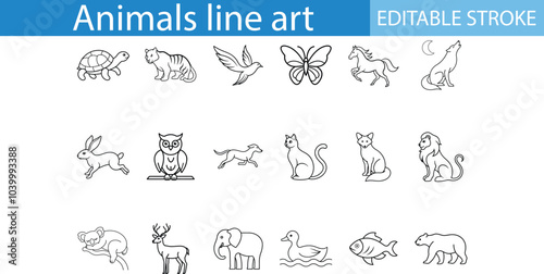 Line Art Animal Icons Set Editable Stroke