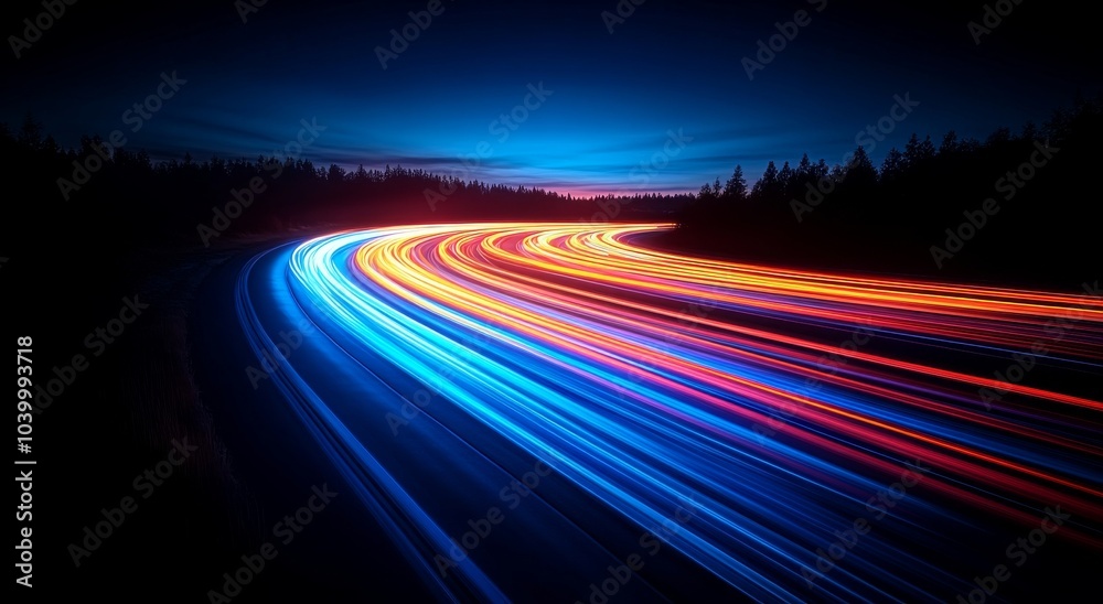 The speed and movement of digital marketing is symbolized by a highway with colorful light trails. Stock image. The speed and movement of digital marketing is symbolized by a highway with colorful light trails. Stock image.