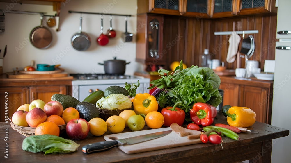 A cozy home kitchen with fresh produce ready to cook. There's a wooden table in the middle of the room with a variety of fresh fruits and vegetables.
