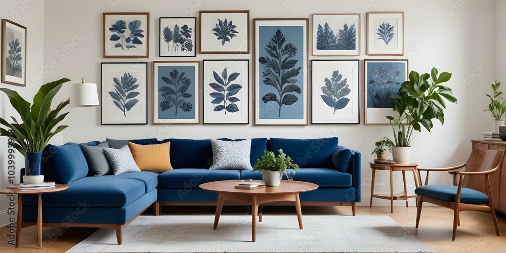 A modern living room with a blue sofa, wooden coffee table, and a gallery wall of framed botanical prints. A modern living room with a blue sofa, wooden coffee table, and a gallery wall of framed botanical prints.
