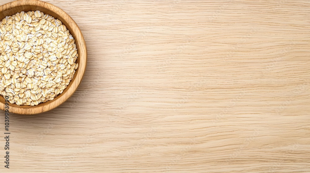 Bowl of oats on a wooden surface, ready for healthy meal preparation. Bowl of oats on a wooden surface, ready for healthy meal preparation.