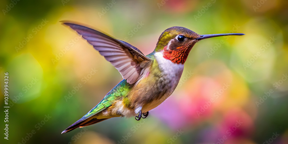 Obraz premium A hummingbird with iridescent feathers flits serenely in mid-air, surrounded by a lush garden filled with colorful blooms under bright sunlight