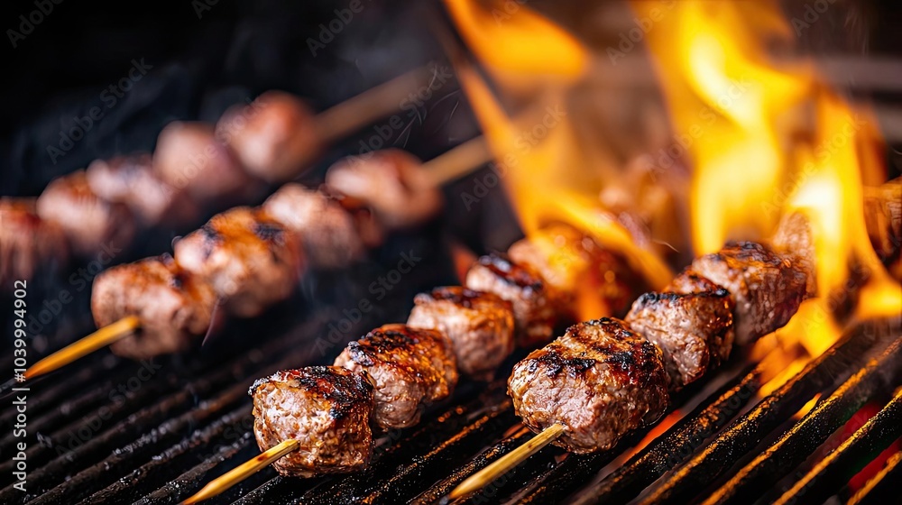 Juicy grilled kebabs on skewers with flames in the background, delicious outdoor cooking. Juicy grilled kebabs on skewers with flames in the background, delicious outdoor cooking.