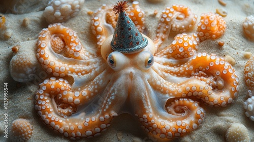 The playful octopus wears a party hat, perfect for celebrating underwater adventures and fun aquatic themes. photo