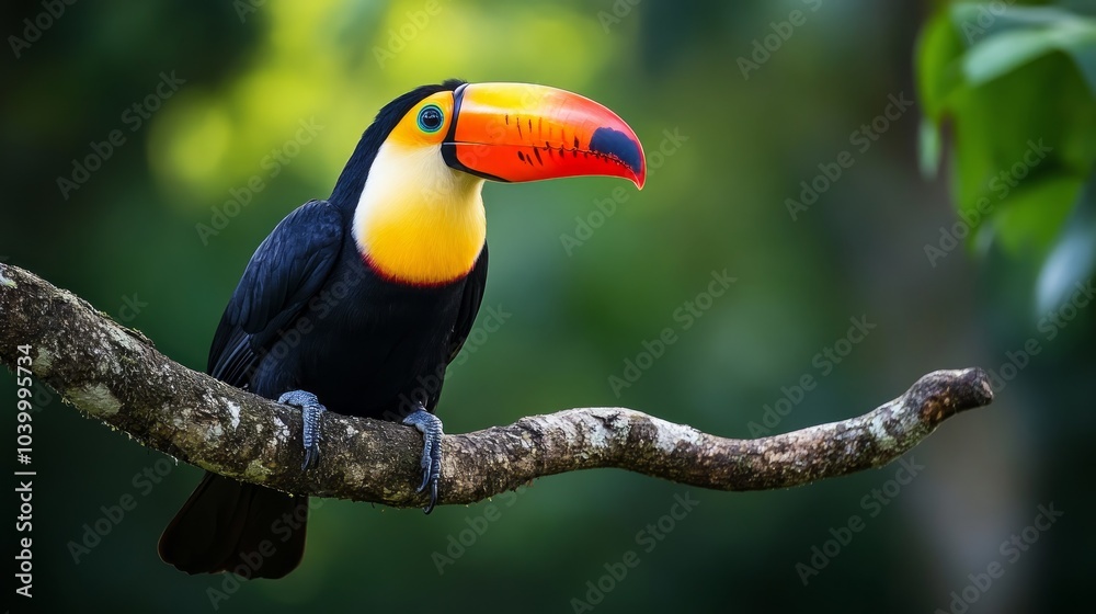 Toco toucan (Ramphastos toco) is sitting on a tree branch. Brazil. Pantanal Toco toucan (Ramphastos toco) is sitting on a tree branch. Brazil. Pantanal