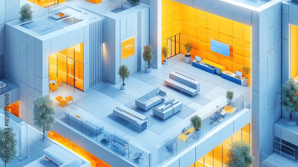 Modern office space with bright colors and open design. Modern office space with bright colors and open design.