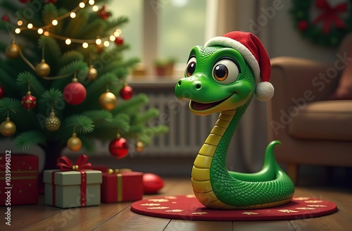 Cartoon green snake near a Christmas tree, which is adorned with ornaments and lights. The scene takes place indoors, possibly in a living room. photo