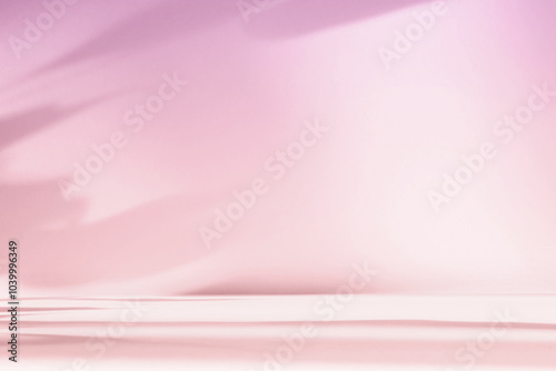 Fototapeta Naklejka Na Ścianę i Meble -  Abstract pink color gradient studio background for product presentation. Empty room with shadows of flowers and plant leaves. 3d orange room with copy space. Summer concept. Blurred backdrop