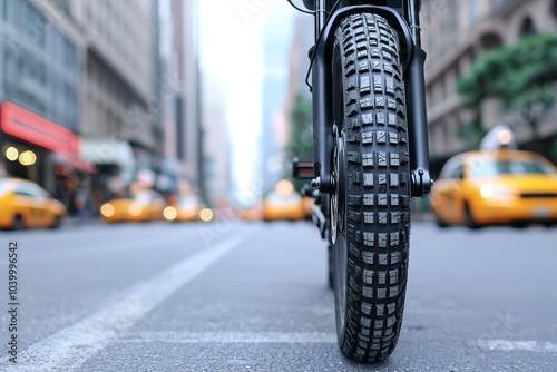 A close-up of a bicycle tire on a busy city street, with yellow taxis blurred in the background, highlighting urban transportation dynamics. photo