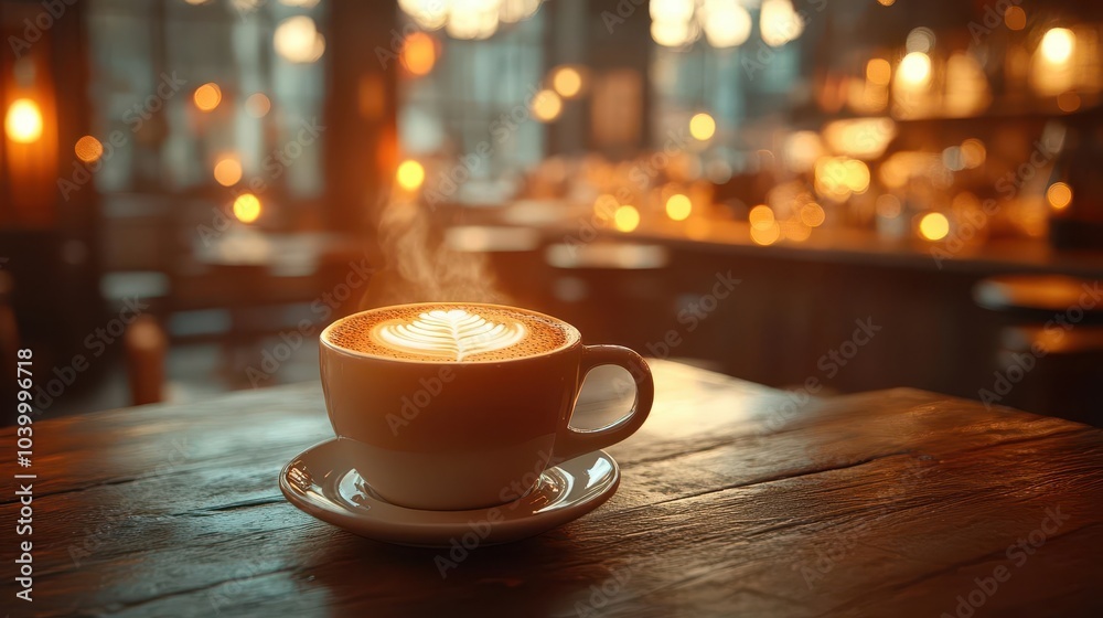 steaming cup of hot cappuccino with a frothy design on top bathed in warm lighting that enhances the cozy coffee shop ambiance inviting warmth and comfort steaming cup of hot cappuccino with a frothy design on top bathed in warm lighting that enhances the cozy coffee shop ambiance inviting warmth and comfort