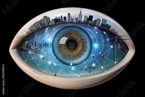 Close Up Human Eye Reflecting City Skyline Network Lines Concept Image Global Connectivity Smart City Integration Ample Copy Space Stock Photo