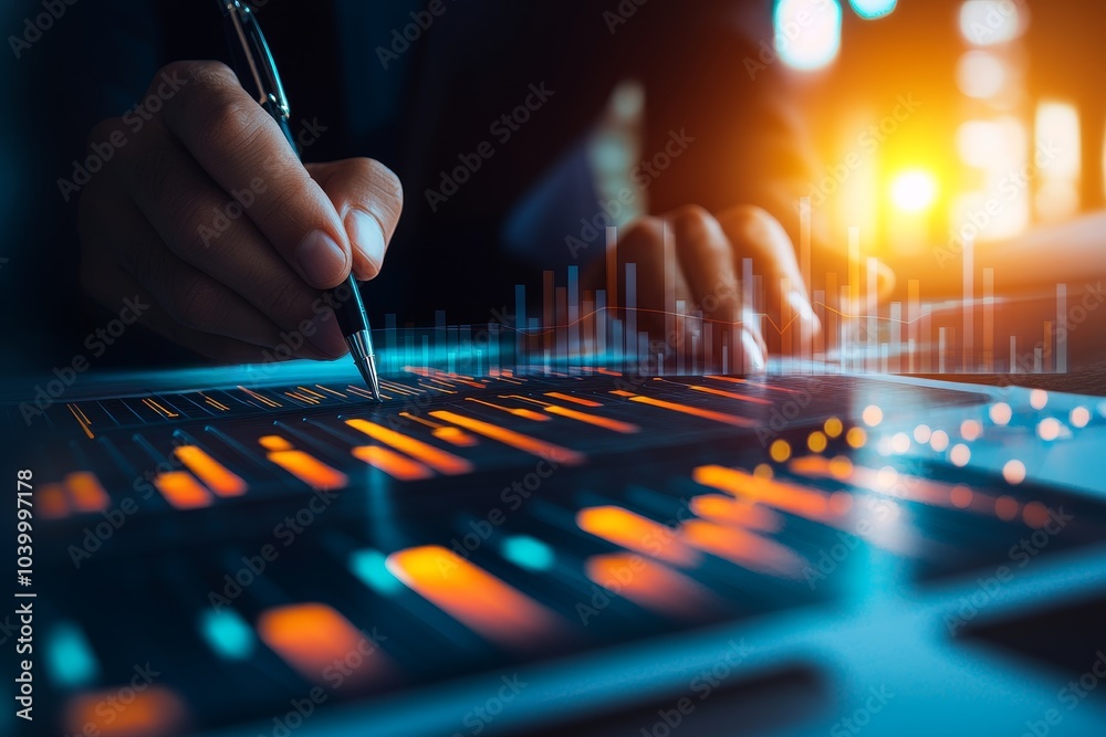 A close-up view of a person analyzing data on a screen, with graphical lines and numbers illuminated in vibrant colors. A close-up view of a person analyzing data on a screen, with graphical lines and numbers illuminated in vibrant colors.