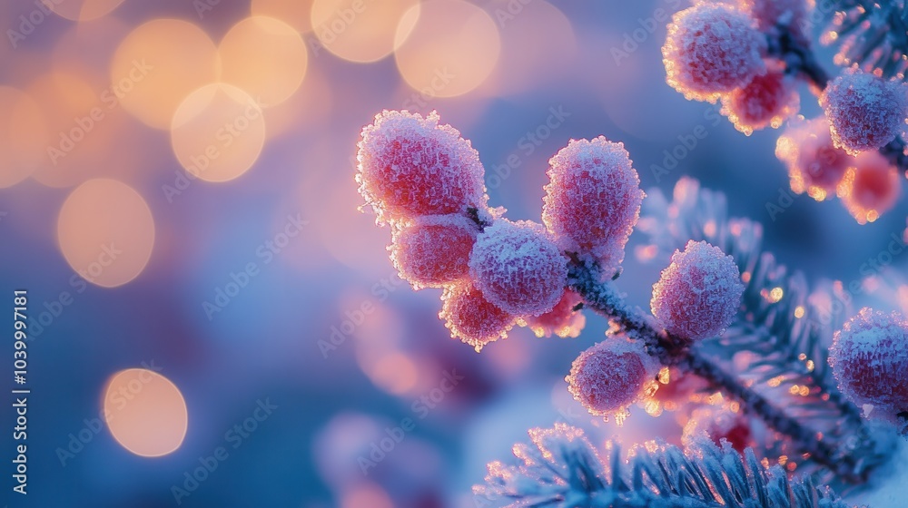 Delicate berries coated in frost adorn tree branches, sparkling in the soft light of a winter morning. The wintry scene showcases the beauty of nature as shimmering frost contrasts with a colorful bac Delicate berries coated in frost adorn tree branches, sparkling in the soft light of a winter morning. The wintry scene showcases the beauty of nature as shimmering frost contrasts with a colorful bac