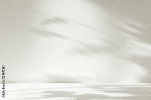 Abstract white color studio background for product presentation. Empty room with shadows of window and flowers and plant leaves . 3d grey room with copy space. Summer concept. Blurred backdrop.