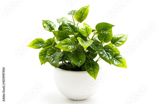 A lush green potted plant with shiny leaves in a white pot, enhancing indoor decor. photo