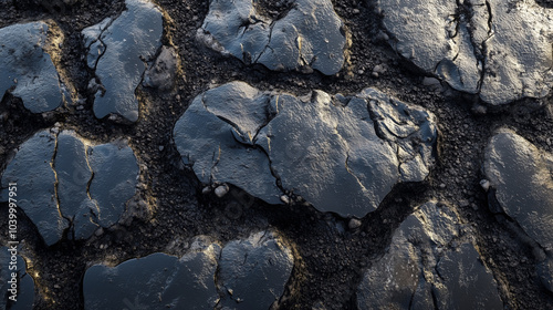 Unique textured surface of dark stone pavement with cracks and grooves in natural light, showcasing intricate design at close range