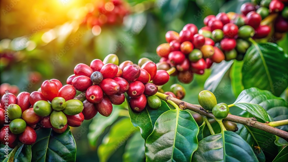 Coffee plantation with dewy coffee beans branch reflected in the morning Coffee plantation with dewy coffee beans branch reflected in the morning