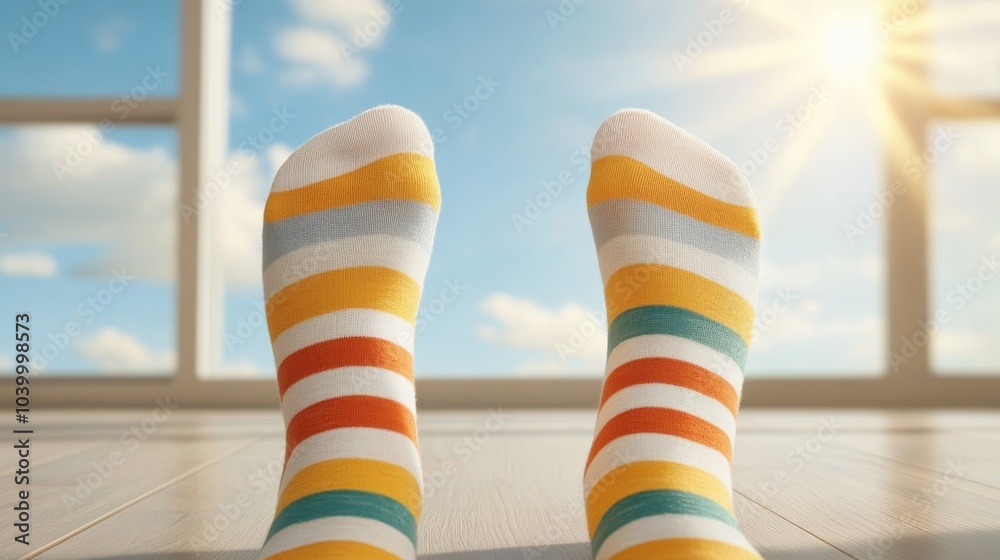 Feet in quirky mismatched socks, standing on a wooden floor in morning light, National Sock Day warmth, very realistic Feet in quirky mismatched socks, standing on a wooden floor in morning light, National Sock Day warmth, very realistic