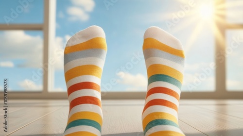 Feet in quirky mismatched socks, standing on a wooden floor in morning light, National Sock Day warmth, very realistic