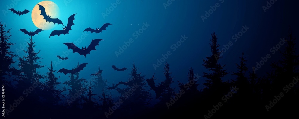 Fototapeta premium A dark, eerie night scene featuring flying bats against a blue moonlit backdrop with silhouetted trees, creating a spooky atmosphere.