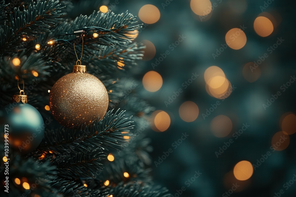 The Christmas tree is filled with sparkling golden ornaments, glowing warmly against a backdrop of blurred festive lights. The branches are lush and green, creating a cozy, inviting atmosphere perfect The Christmas tree is filled with sparkling golden ornaments, glowing warmly against a backdrop of blurred festive lights. The branches are lush and green, creating a cozy, inviting atmosphere perfect