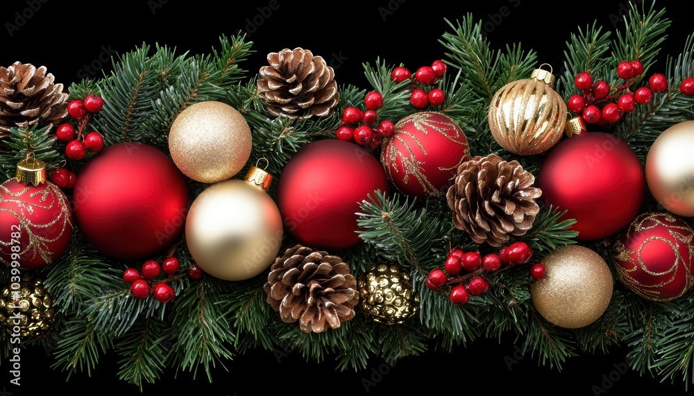 Festive Christmas garland adorned with red and gold ornaments, pine cones, and berries on lush green branches, creating a holiday celebration vibe Festive Christmas garland adorned with red and gold ornaments, pine cones, and berries on lush green branches, creating a holiday celebration vibe