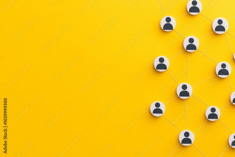 Fototapeta premium A graphic depicting a network of user icons connected by lines on a bright yellow background, symbolizing social connections or communication.