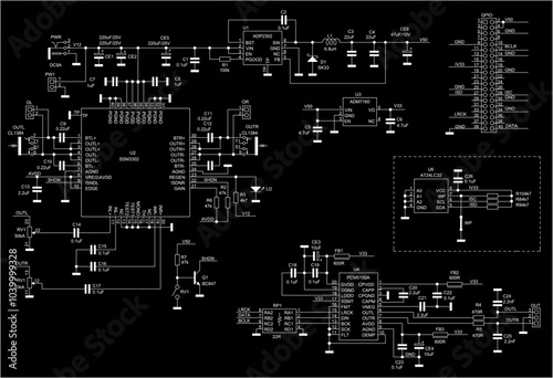 Schematic diagram of digital electronic device 
on paper sheet.
Vector drawing electrical circuit with 
integrated circuit, microcontroller,
capacitor, resistor, transistor,
connector, led, inductance