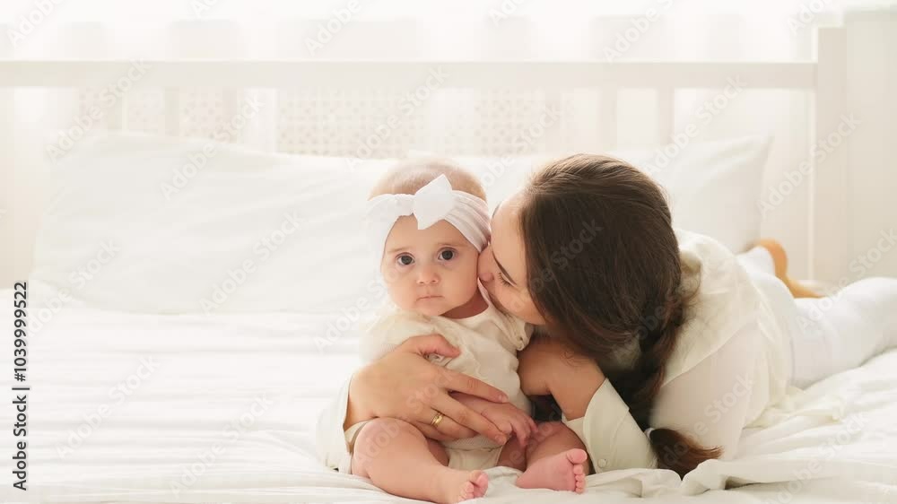 mom and baby are playing and rejoicing in a bright white room on mom and baby are playing and rejoicing in a bright white room on