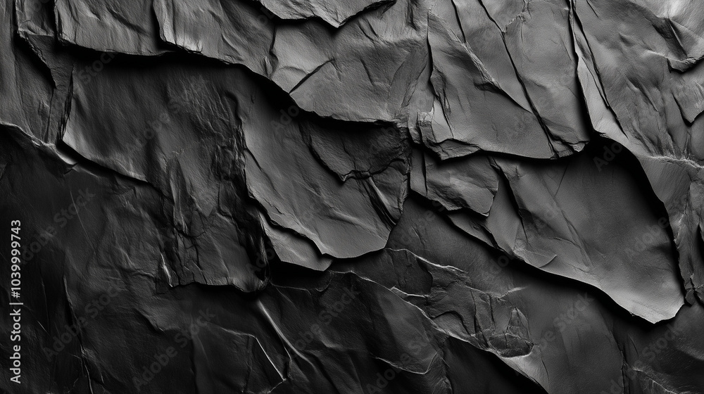 Textured black rock formation displaying intricate layers and natural patterns under soft lighting in a dramatic landscape