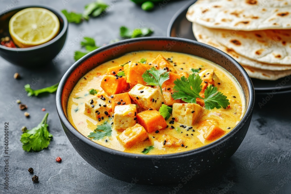 Bowl of creamy pumpkin and tofu curry with black sesame seeds and fresh cilantro, served with warm flatbread. Bowl of creamy pumpkin and tofu curry with black sesame seeds and fresh cilantro, served with warm flatbread.