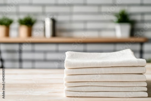 A neatly stacked set of textured towels in a modern room, featuring a wooden shelf and potted plants in the background.