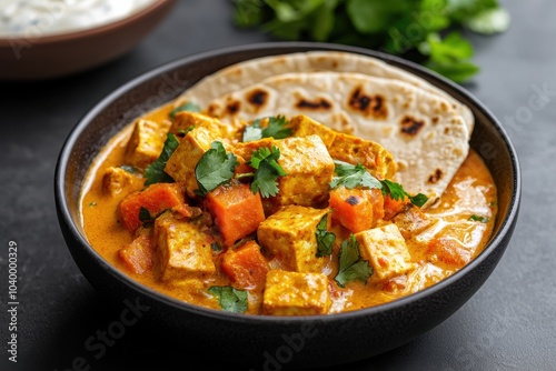 Bowl of tofu curry with carrots and flatbread, garnished with cilantro.