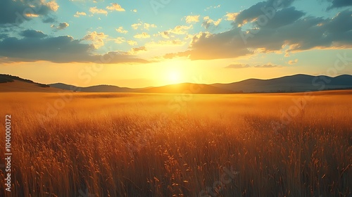 A beautiful sunset over a field of golden wheat.