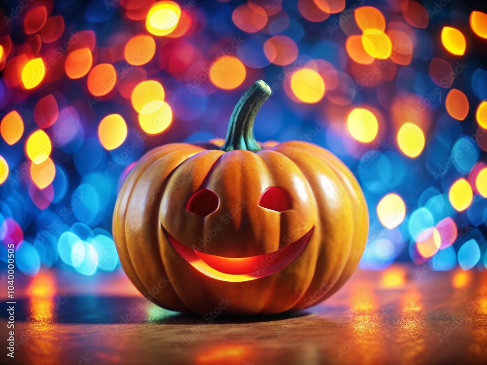 Fototapeta premium Glowing Pumpkin with a Smile Against Vibrant Red and Blue Background for Halloween Decor