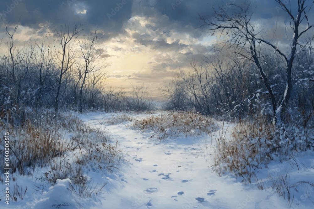 A Snowy Path Through a Winter Forest at Sunset A Snowy Path Through a Winter Forest at Sunset