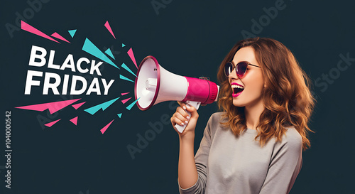 A woman enthusiastically announces Black Friday with a pink and white megaphone. The bold 