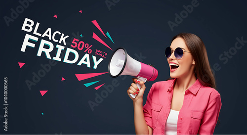 A woman enthusiastically announces Black Friday with a pink and white megaphone. The bold 