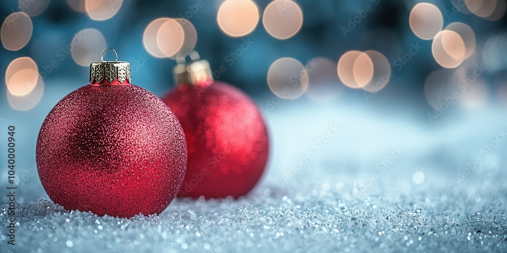 Fototapeta premium Two vibrant red ornaments rest on a bed of snow, illuminated by a soft bokeh of warm lights. The festive decorations create a cozy winter atmosphere, capturing the essence of the holiday season as the