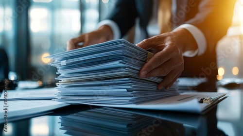 A professional individually organizing a stack of documents in an office setting, highlighting productivity and focus in a modern workspace.