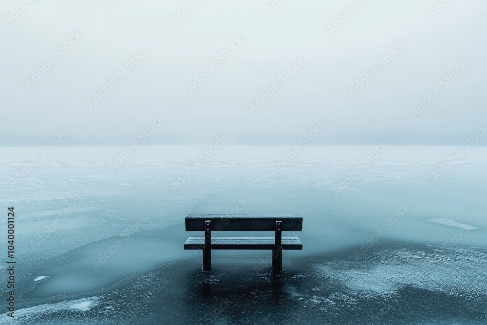 A lone wooden bench stands on an icy, foggy lake.
