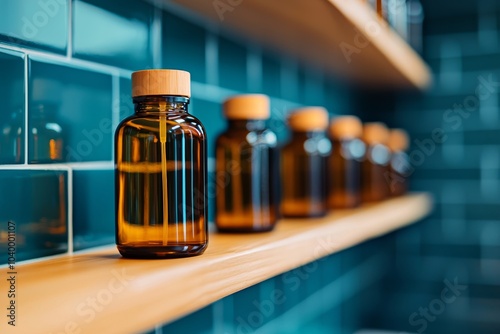 A row of amber glass bottles with wooden caps displayed on a wooden shelf against a teal tile background.